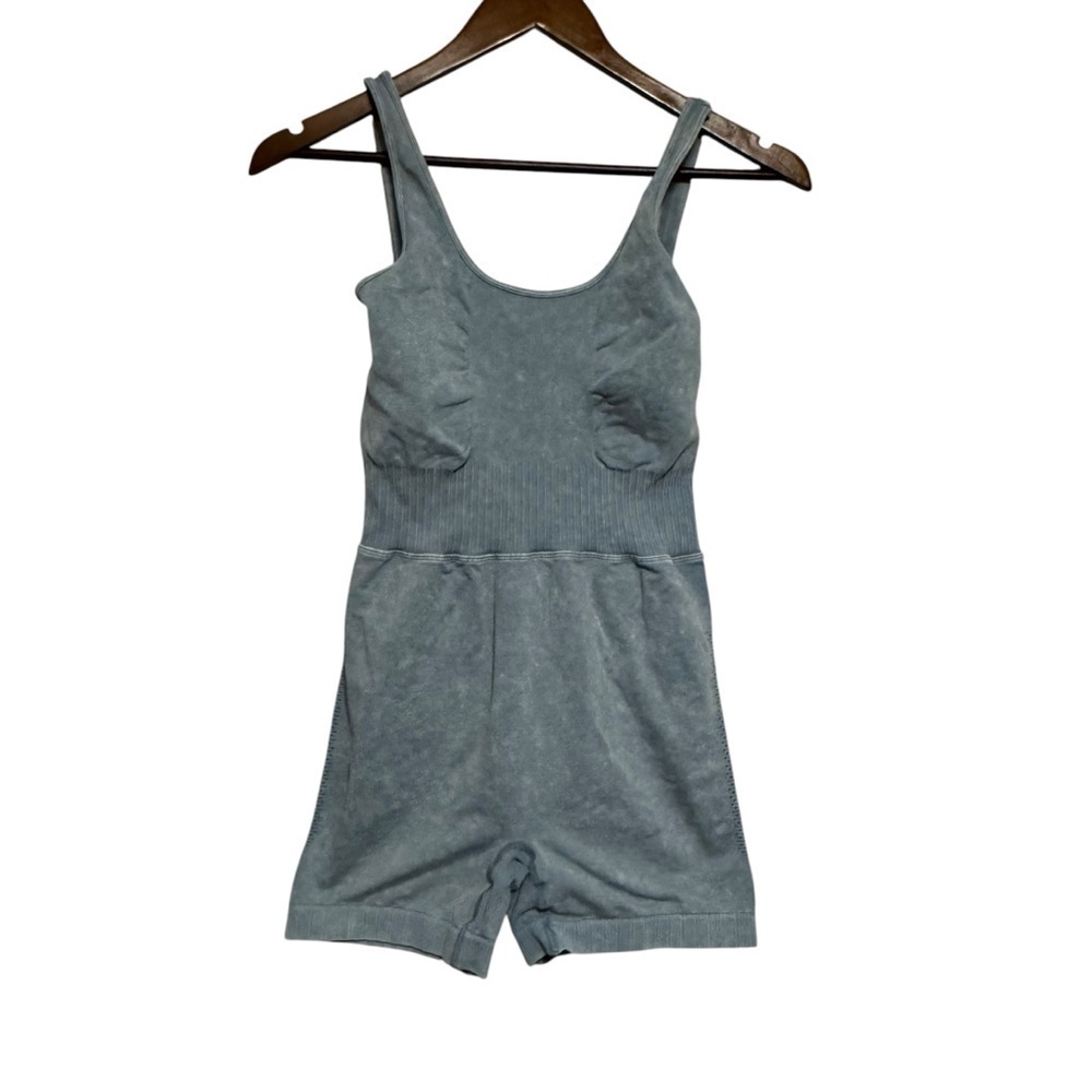 Zenana Steel Blue Mineral Wash Active Onesie Bodysuit